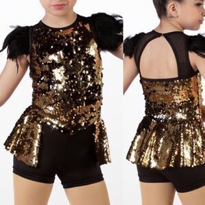 WEISSMAN Dance Costume sassy sequin Montero 14333 black gold feathers -MC 10/12